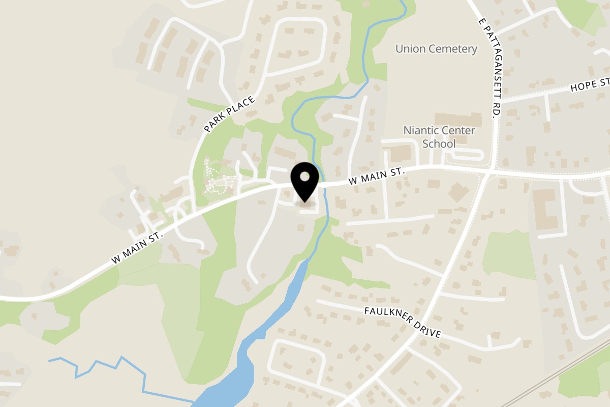 Map showing the location of Charlie's Place Restaurant & Lounge on 26 W Main St in Niantic